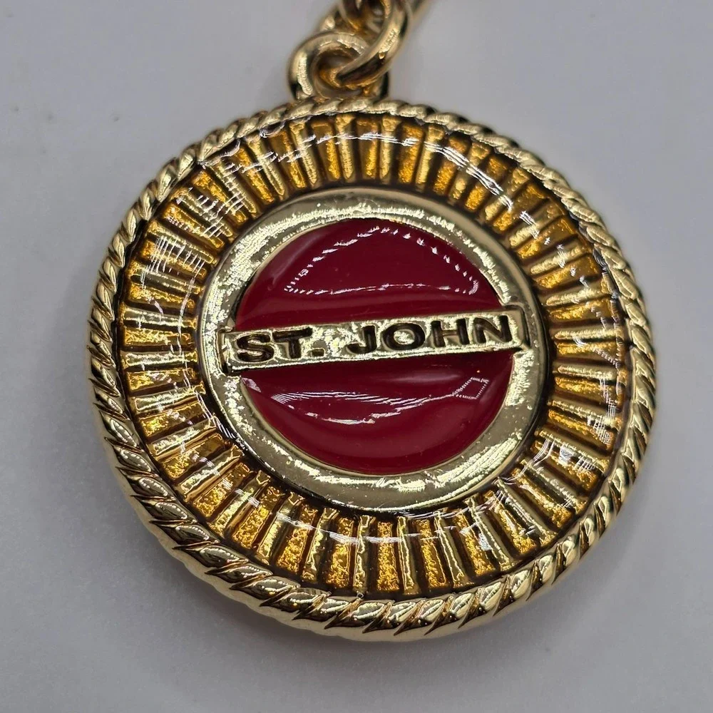 St. John Sacred Heart Gold Tone Red Enamel‎ Keychain Fob Bag Charm Designer